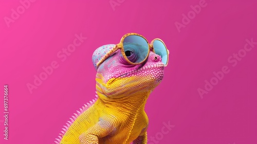 chameleon wearing sunglasses on a solid color background, vector art, digital art, faceted, minimal, abstract.
