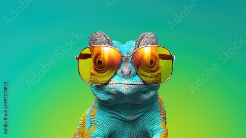chameleon wearing sunglasses on a solid color background, vector art, digital art, faceted, minimal, abstract.
 photo
