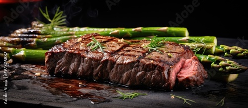 Close-up of barbecue Wagyu Point Steak with green Asparagus on burnt cutting board.