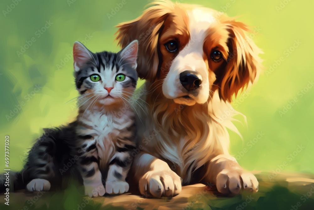 Cute friends cat and dog isolated on green plain background, veterinary clinic concept