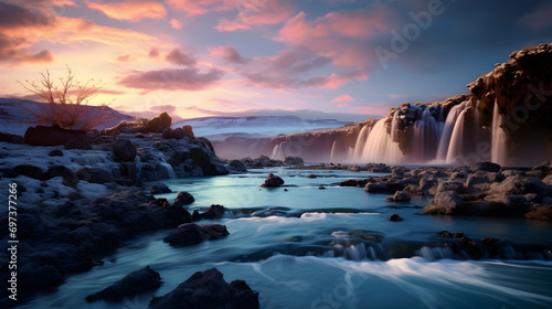 Sunrise over the River Lake and Mountains © Gary