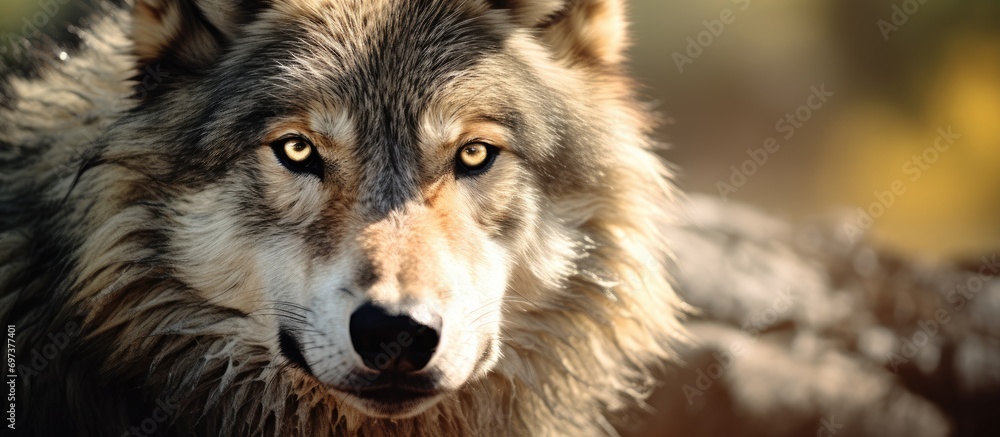 Close-up photo of a Timber Wolf or Gray Wolf with shallow focus. Close-up photo of a Timber Wolf or Gray Wolf with shallow focus.