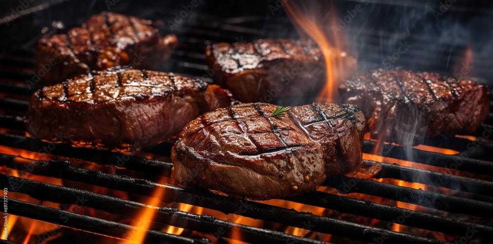 steak grilled over a flame seasoned with rosemary leaves. generative AI steak grilled over a flame seasoned with rosemary leaves. generative AI