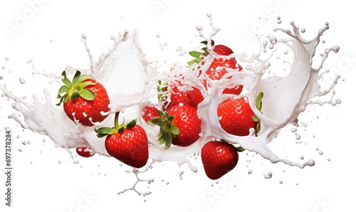 Several fresh, red strawberries fell into the clear water. generative AI