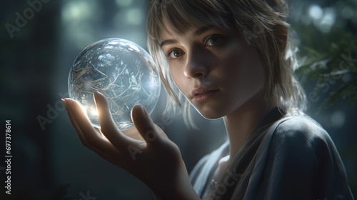 A beautiful young woman holds a mystical magical glowing crystal ball in her hands in the forest. Created with generative AI. 
