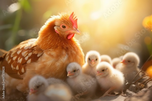 Mother Hen with Chicks at Sunset