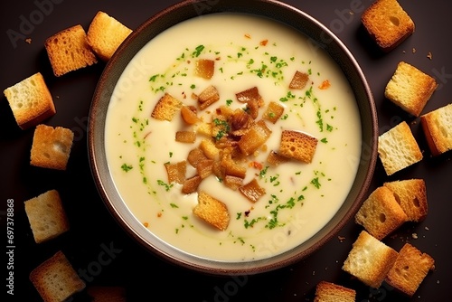 Cream soup with garlic croutons photo