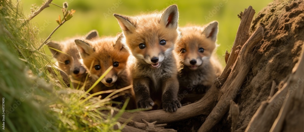 Fox cubs playing near den while mother hunts. Fox cubs playing near den while mother hunts.