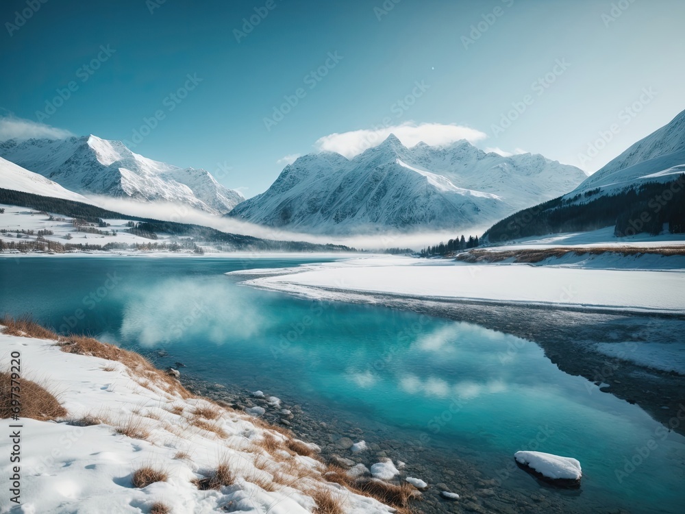 Fantastic winter landscape with snow-capped mountains and blue lake, lake and mountains, landscape with lake, A stunning winter landscape featuring snow-capped mountains and a serene blue lake