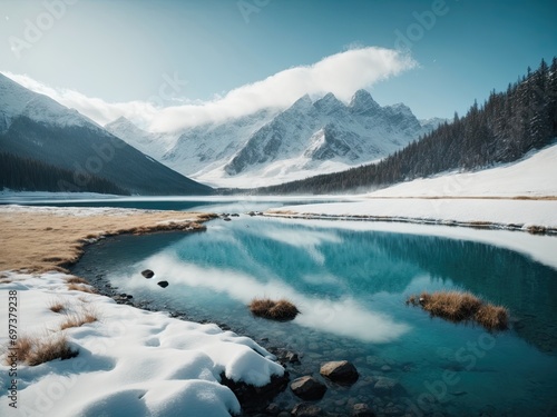 Fantastic winter landscape with snow-capped mountains and blue lake  lake and mountains  landscape with lake  A stunning winter landscape featuring snow-capped mountains and a serene blue lake