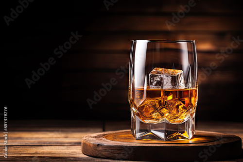 Whiskey on the rocks in a glass on a wooden barrel background