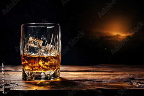 Whiskey on the rocks in a glass on a wooden barrel background