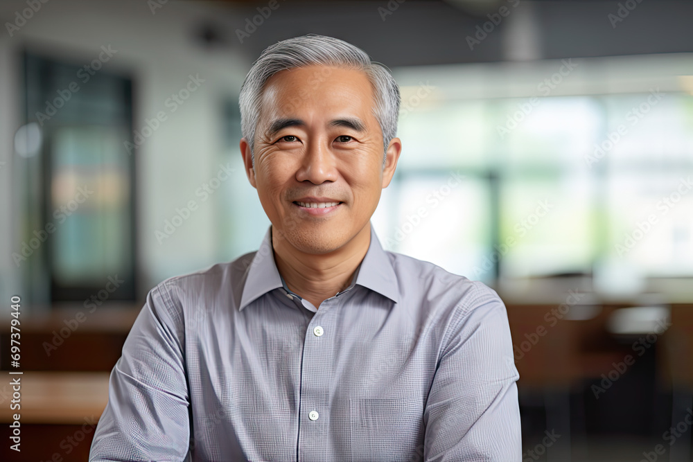 Portrait of senior Asian businessman standing with arms crossed in modern office