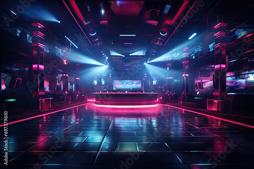 Interior of a night club with red lights. 3D rendering © Kitta