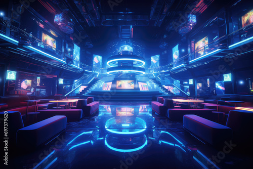 Interior of a night club with red lights. 3D rendering