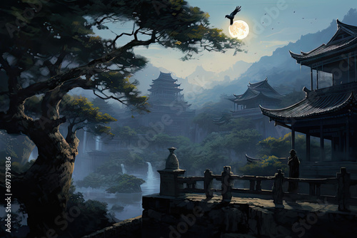 Fantasy landscape with old Chinese architecture and a big full moon