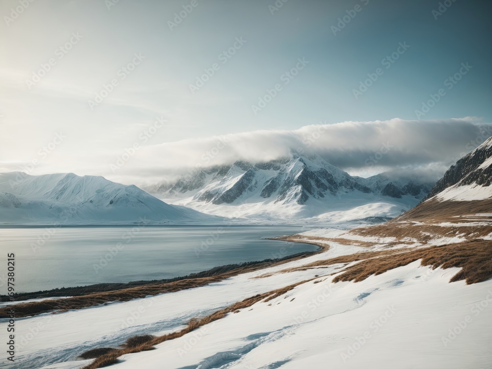 Landscape with mountains, snow and ocean, lake and mountains in winter, lake and mountains in polar regions, Landscape featuring mountains, snow, ocean, and lakes in winter