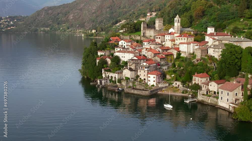 Aerial view above Bellano Italy on lake Como at sunset Aerial view above Bellano Italy on lake Como at sunset