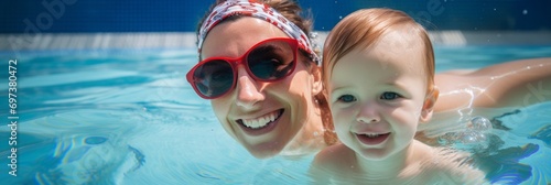 Mom with children in the pool, wonderful summer time with family, active summer holiday