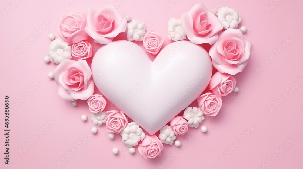 A heart surrounded by flowers on a pink background