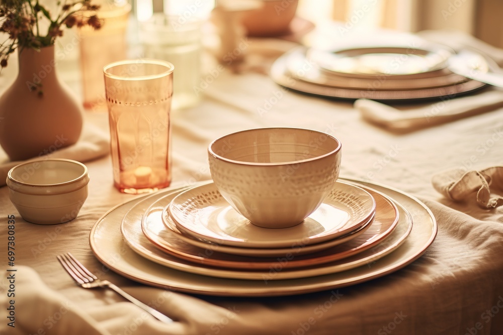 Table setting with flowers and decor in light colors, rays of sunlight falling on a table with light dishes and tablecloth Table setting with flowers and decor in light colors, rays of sunlight falling on a table with light dishes and tablecloth