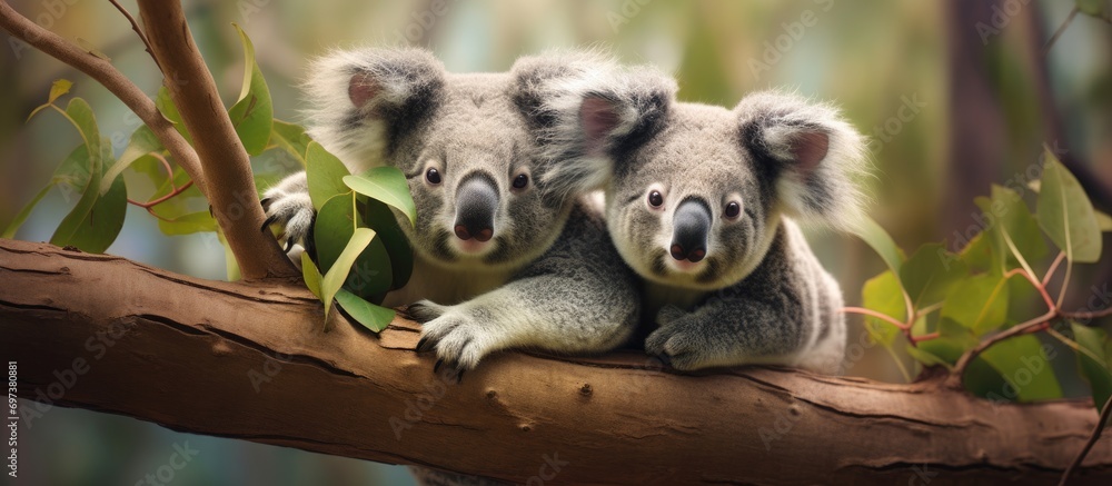 Fototapeta premium Two koalas in a eucalyptus tree in Sydney, Australia.