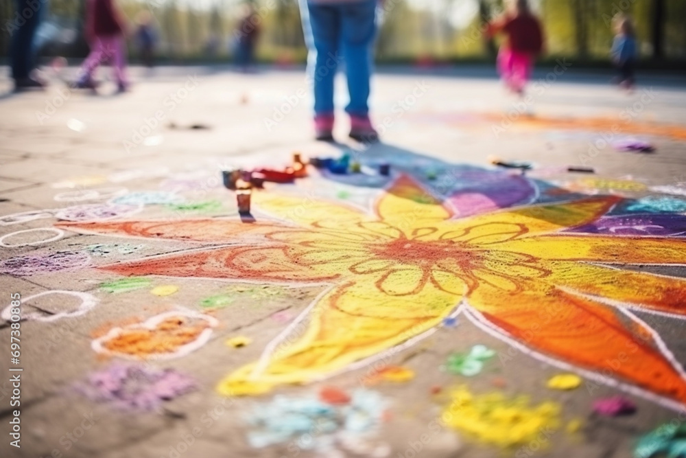 Children's chalk drawing on asphalt Children's chalk drawing on asphalt