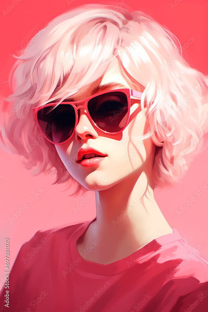 Stylish blonde with short hair and sunglasses. Pink aesthetics. Generative AI
