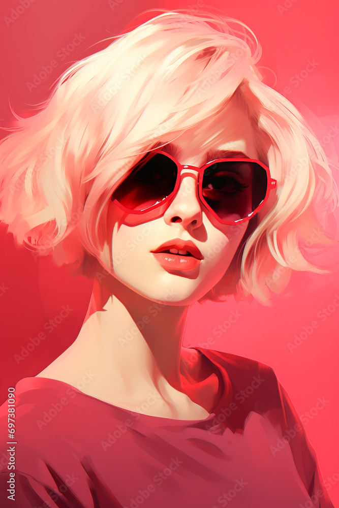 Stylish blonde with short hair and sunglasses. Pink aesthetics. Generative AI Stylish blonde with short hair and sunglasses. Pink aesthetics. Generative AI