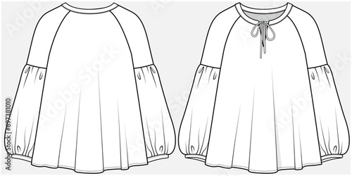 A LINE WOVEN TOP WITH LONG RAGLAN SLEEVES DETAIL BOHEMIAN TOP DESIGNED FOR TEEN AND KID GIRLS IN VECTOR ILLUSTRATION FILE