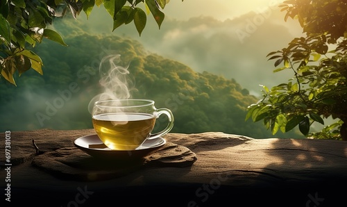 a cup of warm tea against a green forest background. generative AI