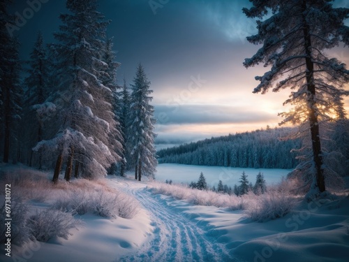winter night landscape. snowy forest and fir branches, sunrise in the mountains, sunrise in the forest, winter landscape in the mountains, Snowy forest and fir branches in a winter night landscape