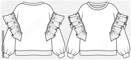 DROP SHOULDER SWEAT SHIRT WITH FRILL DETAIL DESIGNED FOR TEEN AND KID GIRLS IN VECTOR ILLUSTRATION FILE