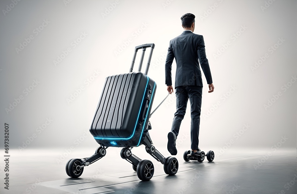 a travel suitcase designed as a smart robot, autonomously walking on its own a travel suitcase designed as a smart robot, autonomously walking on its own