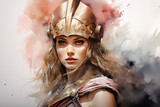 Athena warrior goddess, the formidable protector of ancient Greece. Generative AI watercolor illustration.