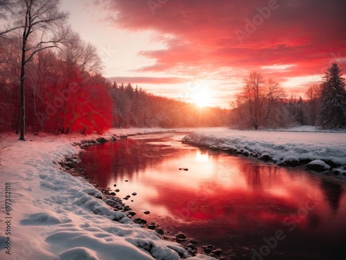 Abstract winter wonderland landscape with ruby red sunset. Snowy woods and river at dawn. Snowflakes and sun, sunrise over the river, sunset in the mountains