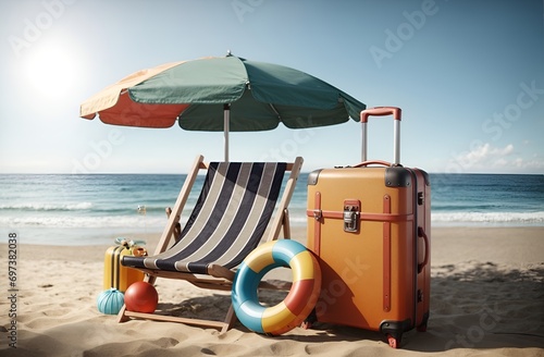 a travel suitcase next to a beach chair and a swimming ring, set on a sandy beach