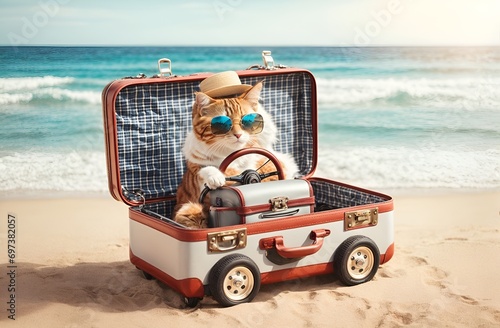a cute cat seated inside an open travel suitcase  pretending to drive it like a car 