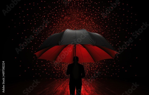 A person carrying a black umbrella under the pouring rain on a black background. generative AI