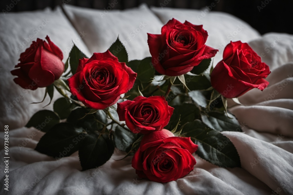 Obraz premium Beautiful red roses and petals on bed