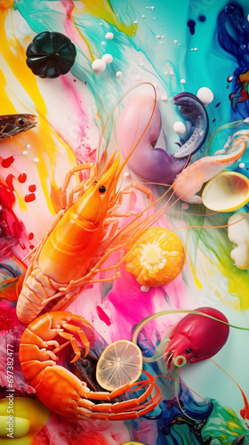 Abstract culinary seafood explosion, for vibrant gastronomy themes. 