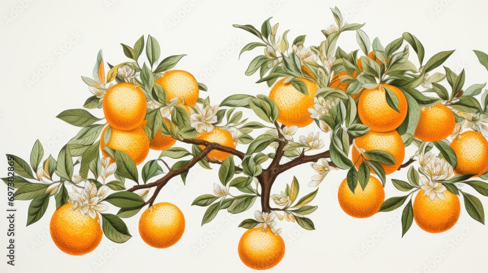 a painting of an orange tree with oranges on it's branches and flowers on it's branches. a painting of an orange tree with oranges on it's branches and flowers on it's branches.