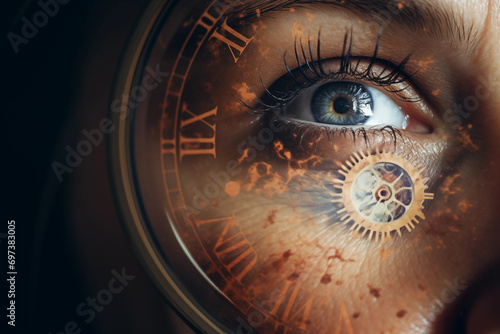 Eye with clock reflection, concept of time and perception. Suitable for philosophical and artistic representations. 