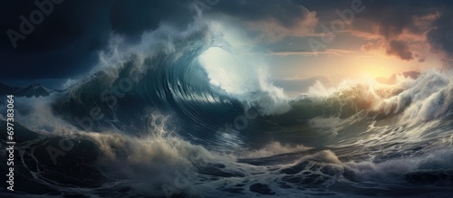 Powerful sea wave crashing dramatically