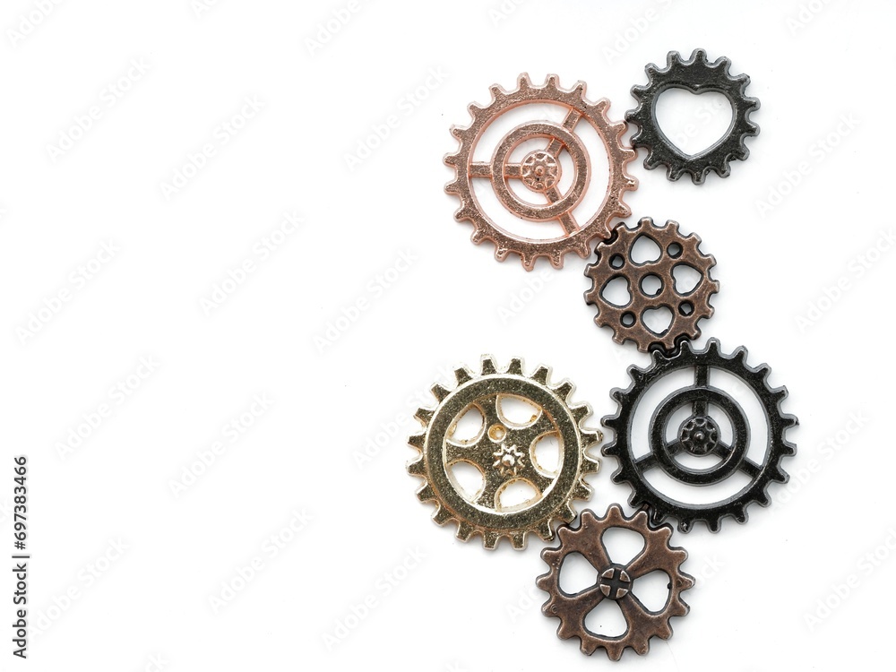 Six cogwheels gears isolated on White and copy space for text Six cogwheels gears isolated on White and copy space for text