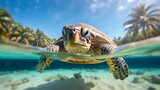 A close-up shot of a large turtle scuba diving in the ocean is beautiful
