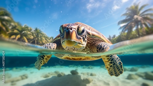 A close-up shot of a large turtle scuba diving in the ocean is beautiful © Akbar