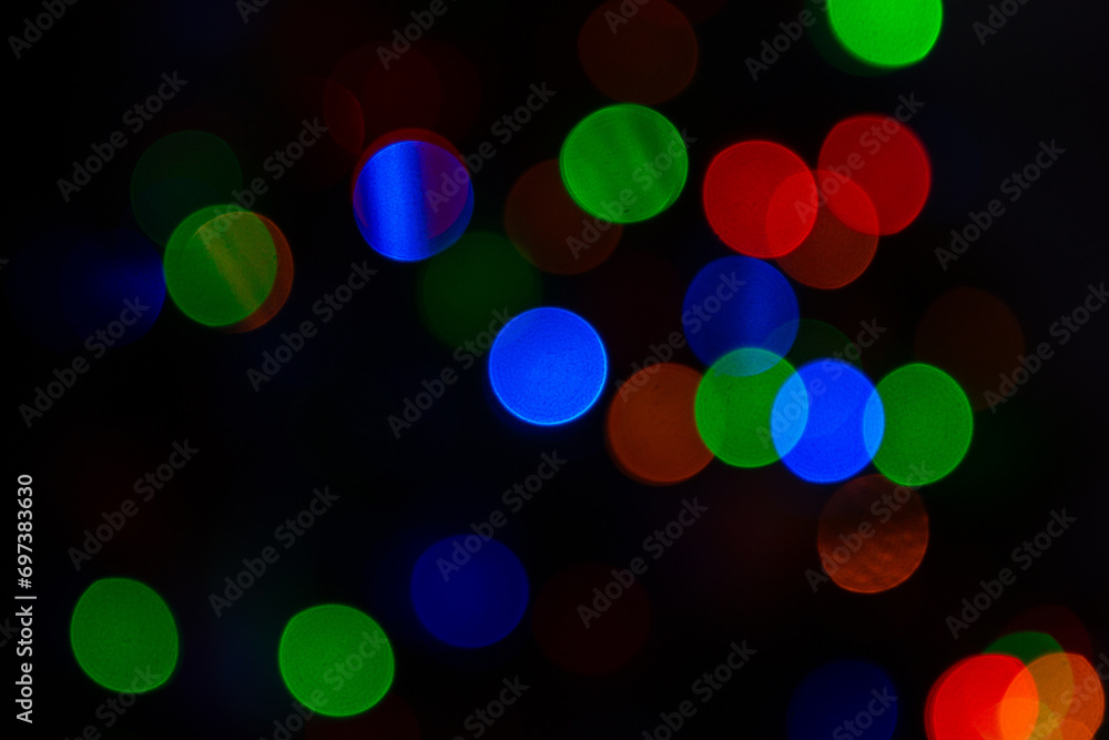 Multicolor bokeh, raining light, blurry lights, blurry background, rainbow confettis on a black background, colorful, night lights, city lights, haze, depth of field, round bokeh, circle bokeh - obrazy, fototapety, plakaty 