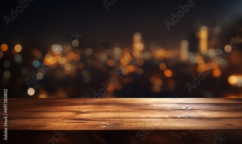 An empty wooden table with a background of twinkling lights with a bokeh effect. generative AI