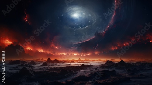  a black and red photo of a sky filled with clouds and a ring of fire in the middle of the sky.